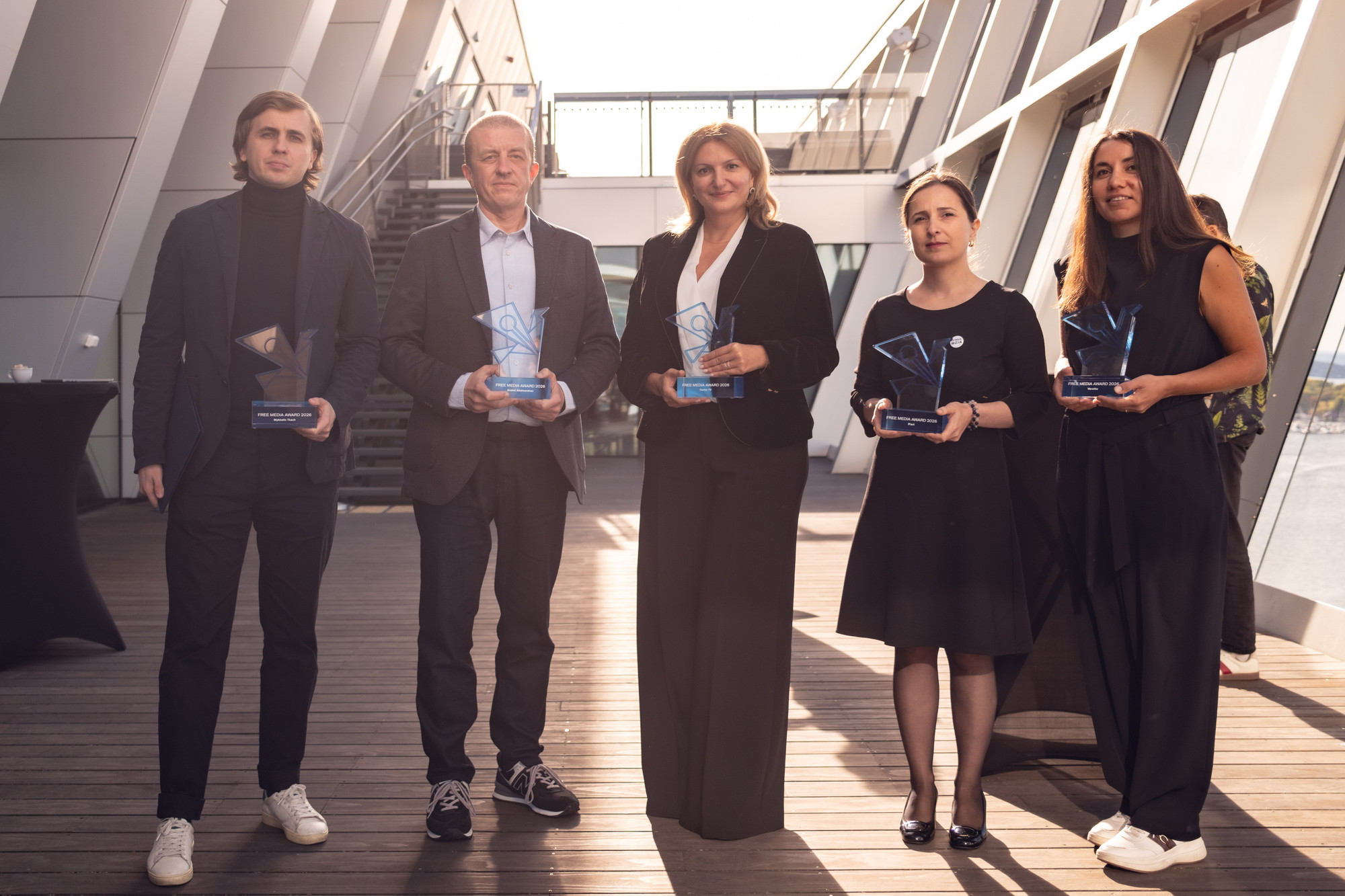 Mykhailo Tkach, Andrei Aliaksandrau, Arevhat Sahakyan (Factor TV), Nino Bakradze (iFact), og Lola Tagaeva (Verstka).